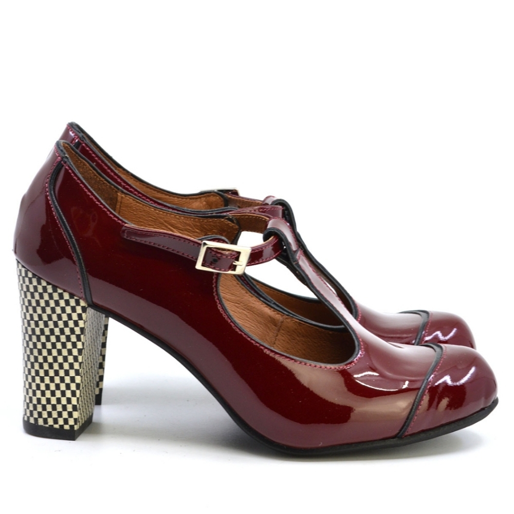 NWOB Mod Shoe The Dusty In Red Wine/Burgundy Patent Leather –Retro T-Bar 6.5